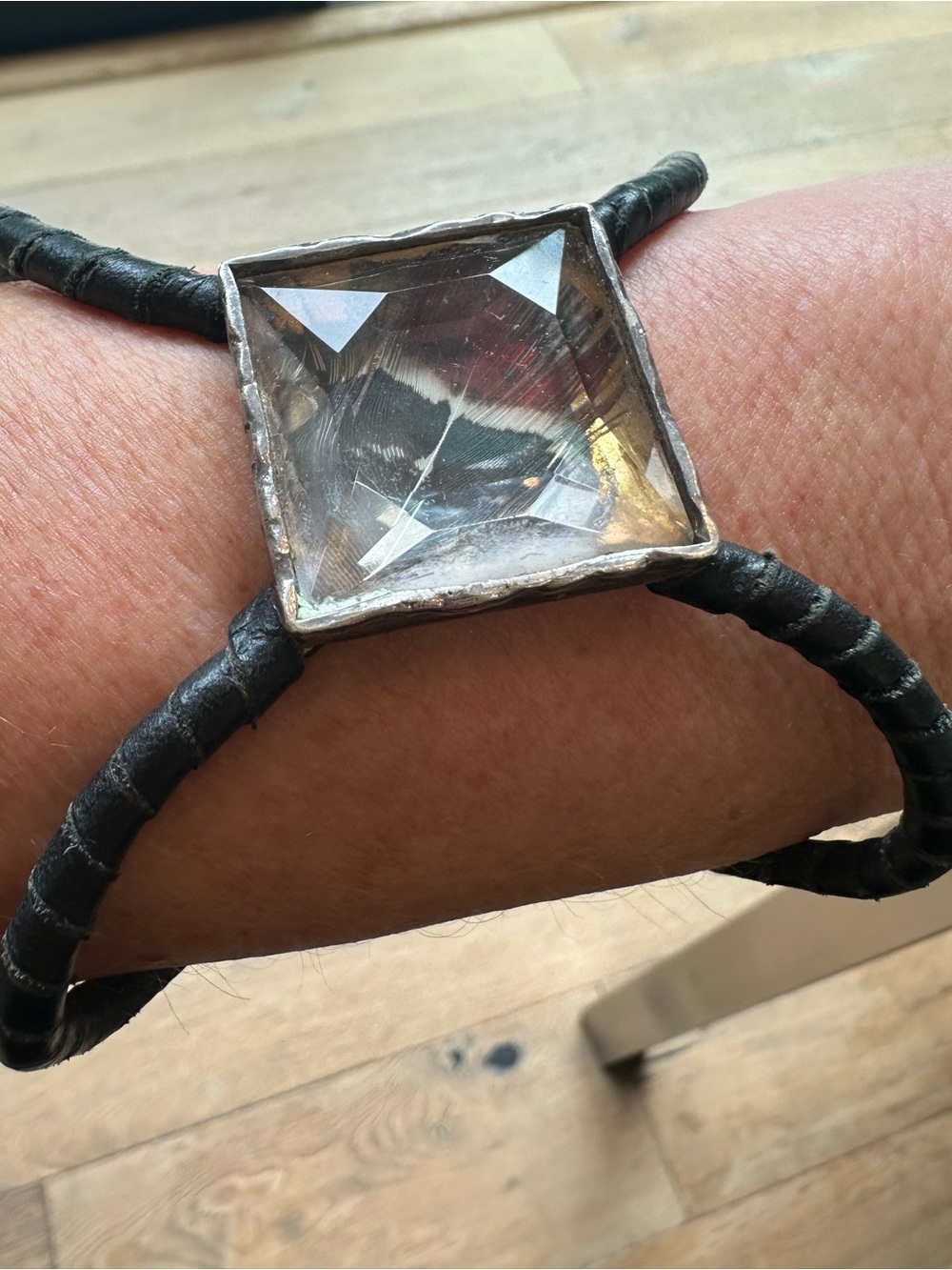 Vintage Statement Cuff with feather inside crystal and leather wrapped bands